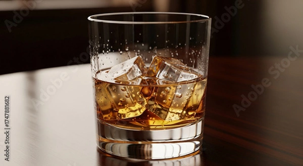 Fototapeta A glass of whiskey on the rocks, capturing the amber hues and refreshing chill of the drink, set on a dark wooden table