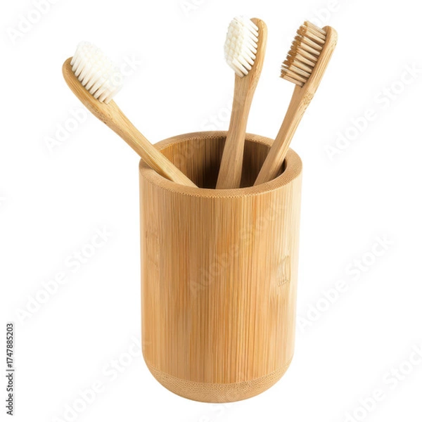Obraz Eco friendly bamboo toothbrushes in a matching holder for sustainable oral hygiene