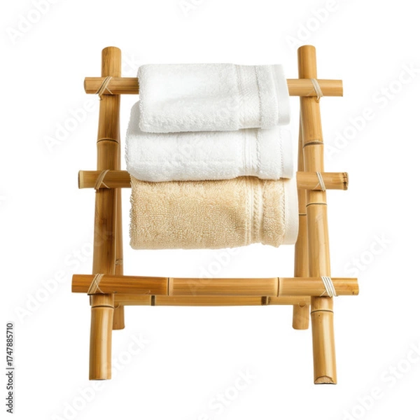Obraz Fresh towels neatly arranged on a stylish bamboo ladder shelf for bathroom decor