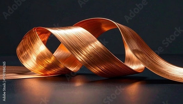 Fototapeta Shiny copper strip bent into loops, on dark ground