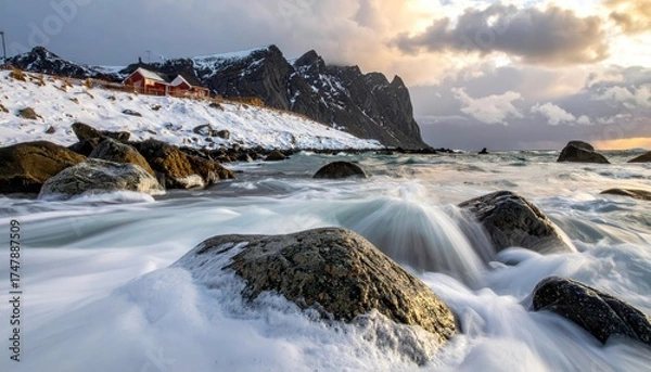 Fototapeta Snowy coastal landscape with waves crashing over rocks, cabins, and mountains