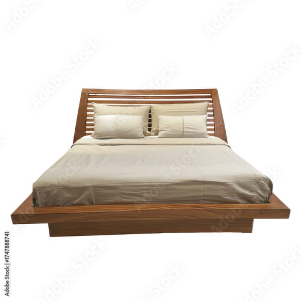 Fototapeta Modern wooden platform bed with beige bedding and pillows for a restful night's sleep