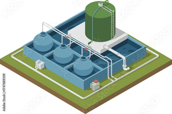 Obraz isometric 3d illustration of modern water treatment plant with storage tanks, pipelines, purification system, clean water industrial facility design