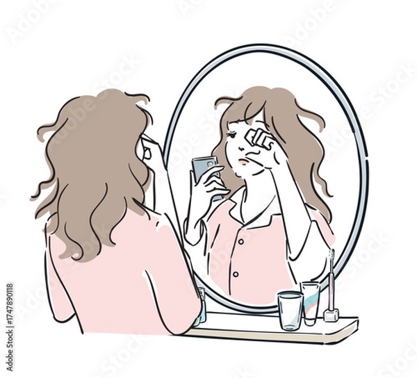 Obraz スマホを持って鏡の前に立つパジャマ姿の女性