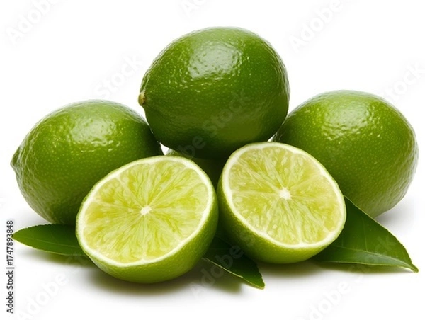 Fototapeta Fresh Green Limes with Leaves, Juicy Citrus Fruit