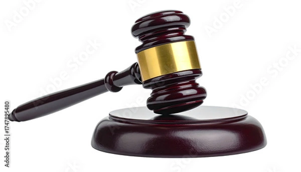 Fototapeta A wooden gavel with a gold band rests on its sound block against a black background