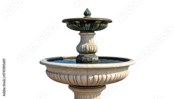 Fototapeta Elegant stone tiered fountain, dark backdrop, capturing water flow, ornate design