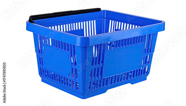 Fototapeta Bright blue, empty plastic shopping basket with a black handle, isolated