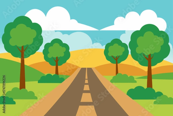 Fototapeta Illustration of road with trees and cloudy sky view