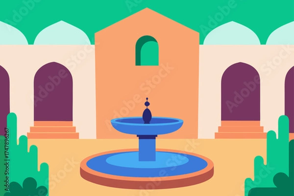 Fototapeta Illustration of a courtyard with a fountain and arches