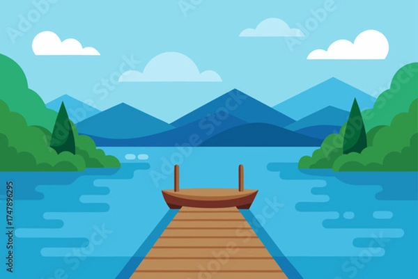 Fototapeta Landscape view of a lake with dock and mountains view