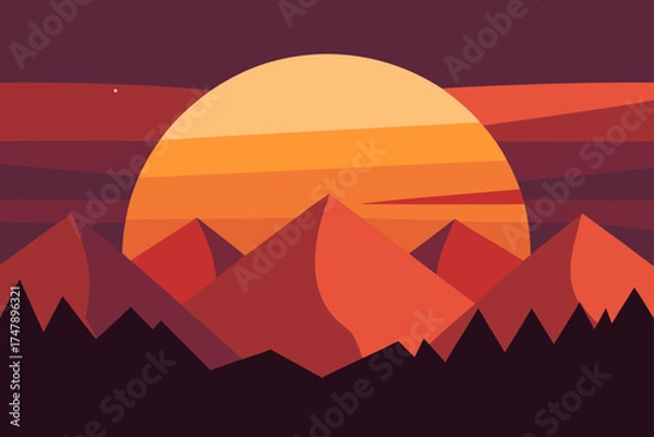 Fototapeta Sunset behind mountains with orange and red colors