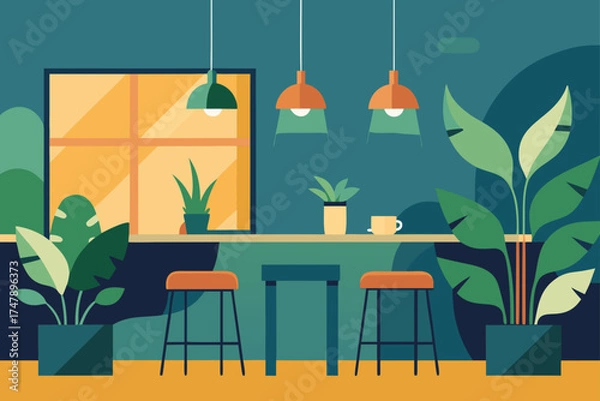 Fototapeta Interior view with plants stools and hanging lamps