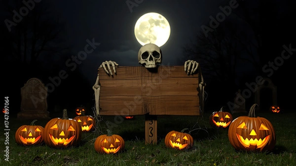 Fototapeta Halloween party, graveyard at night, skull peeking out on wooden sign, held up by skeletal hands, bright full moon in the sky, jack-o'-lanterns, spooky atmosphere