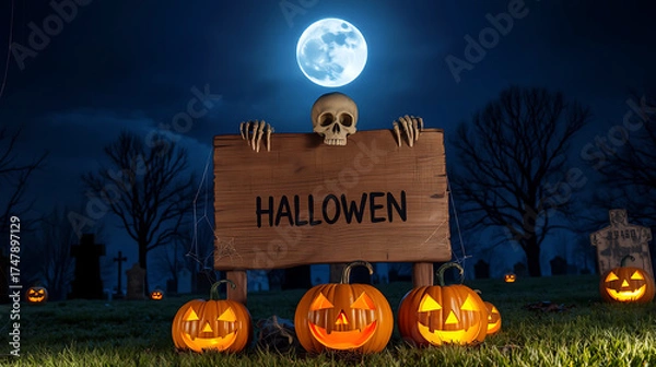 Fototapeta Halloween party, graveyard at night, skull peeking out on wooden sign, held up by skeletal hands, bright full moon in the sky, jack-o'-lanterns, spooky atmosphere