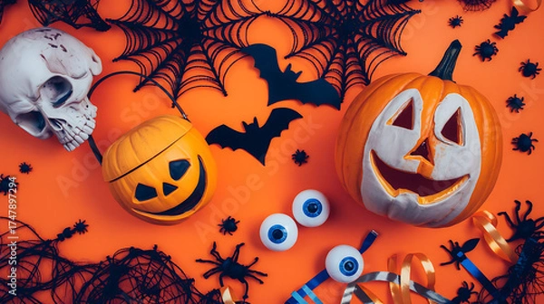 Fototapeta Halloween party, skull, smiling pumpkin bucket, jack-o'-lantern with ghostly face, spider webs, bat silhouettes, fake eyeballs, orange background pattern