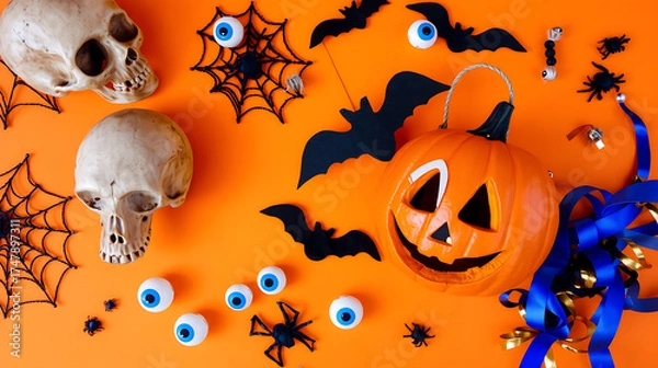 Fototapeta Halloween party, skull, smiling pumpkin bucket, jack-o'-lantern with ghostly face, spider webs, bat silhouettes, fake eyeballs, orange background pattern