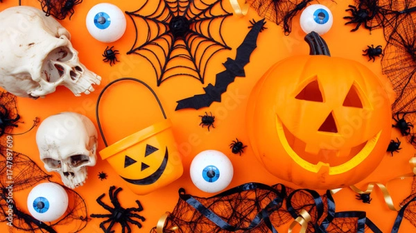 Obraz Halloween party, skull, smiling pumpkin bucket, jack-o'-lantern with ghostly face, spider webs, bat silhouettes, fake eyeballs, orange background pattern