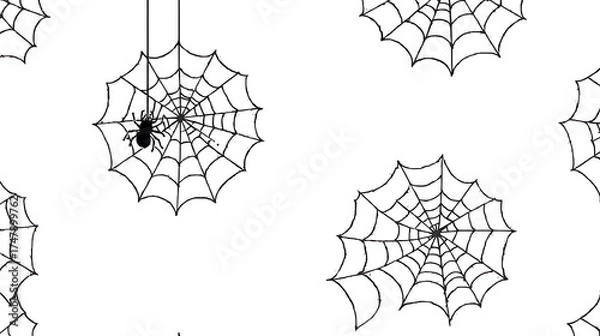 Fototapeta Mysterious Halloween pattern, spiders and spider webs, transparent background, Happy Halloween