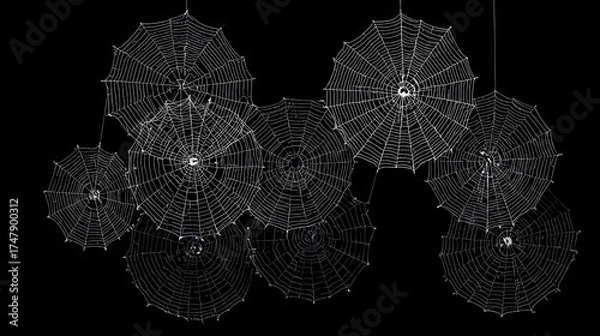 Fototapeta Mysterious Halloween pattern, spiders and spider webs, transparent background, Happy Halloween