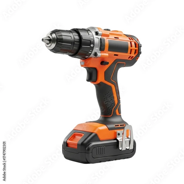 Fototapeta Orange and black cordless drill with metallic chuck and ergonomic handle, displayed diagonally on white background with soft shadows in precision studio lighting