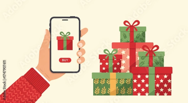 Fototapeta Flat lay of a hand holding a smartphone with a gift icon on the screen next to a stack of wrapped presents in red green and gold on a pale yellow background.
