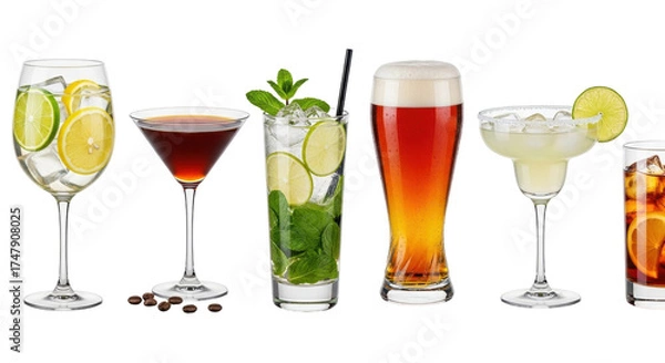 Obraz Isolated assorted alcoholic drinks for menu design, recipe books or ad campaigns and blogs