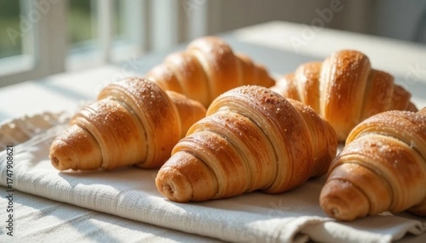 Obraz Freshly Baked Croissants on a Linen Cloth in a Sunlit Kitchen Setting
