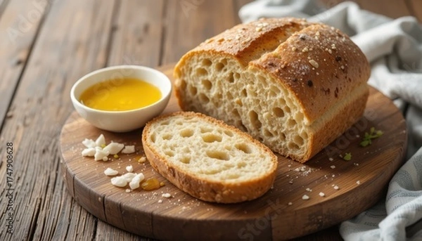 Obraz Freshly Baked Bread With Olive Oil and Seasoning on a Wooden Board
