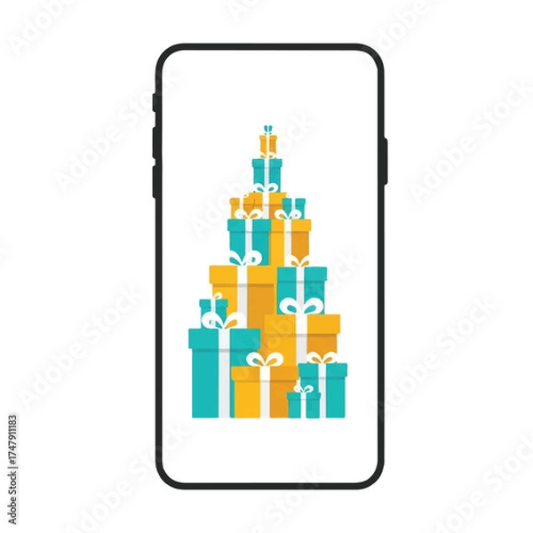 Fototapeta A smartphone displays a colorful graphic of stacked presents in teal and yellow on its screen against a white background.