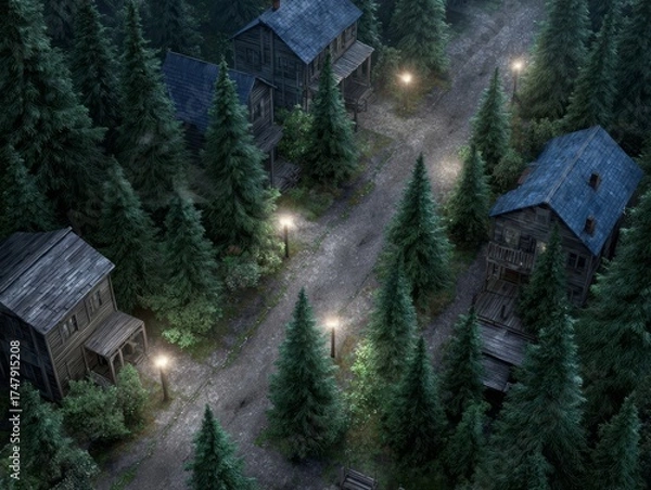 Fototapeta Forest village with wooden houses. Dark trees and lit path create eerie night scene. Ideal for DND game map.
