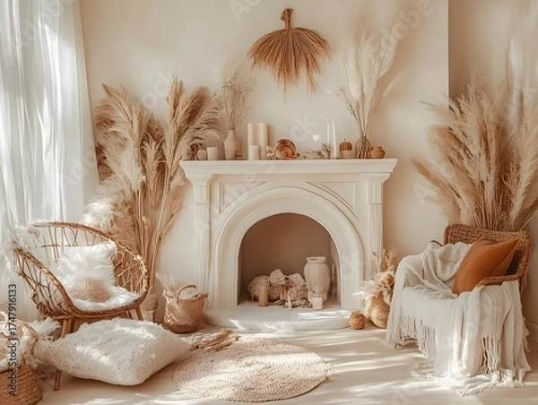Fototapeta Cozy Bohemian Living Room Interior Design with Fireplace and Pampas Grass