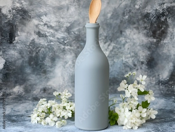 Fototapeta Elegant Grey Bottle with Wooden Spoon and White Flowers Still Life