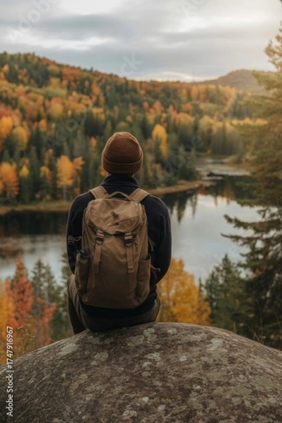 Fototapeta Stock photo from behind of a young male hiker with a backpack and beanie, seated on a rock and looking out at a stunning forest and lake with autumn foliage.