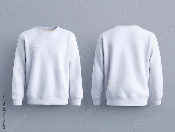 Fototapeta White crewneck sweatshirt displayed on a hanger against a gray wall, great for custom artwork and stylish casual wear promotions.