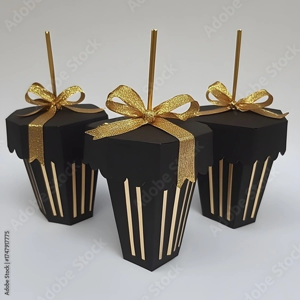 Fototapeta Elegant Black and Gold Party Favor Boxes with Straws