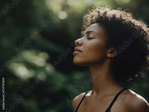 Fototapeta Woman breathing deeply in nature, surrounded by lush green forest and soft light. Healthy lifestyle and inner peace captured in serene outdoor scene.