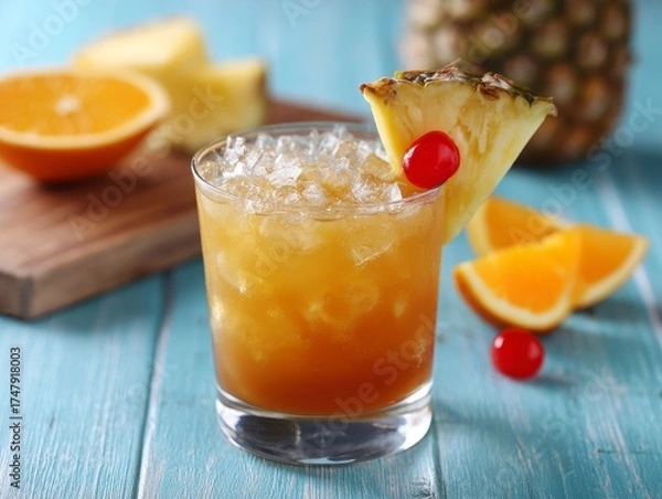 Fototapeta Tropical beverage with pineapple top, orange beside, served with ice in glass on board. Colorful drink offers summer refreshment and exotic appeal.