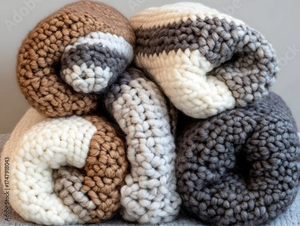 Fototapeta Cozy Rolled Knit Blankets in Neutral Tones, Soft Wool Texture Photography