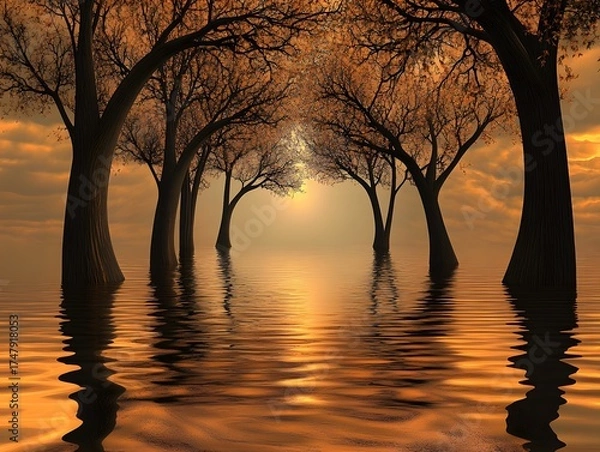 Fototapeta Flooded Forest Sunset, Golden Hour Trees in Water
