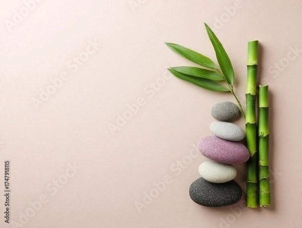 Fototapeta Bamboo leaves and stones on light textured surface, creating zen atmosphere. Minimal design evokes peace and natural harmony.