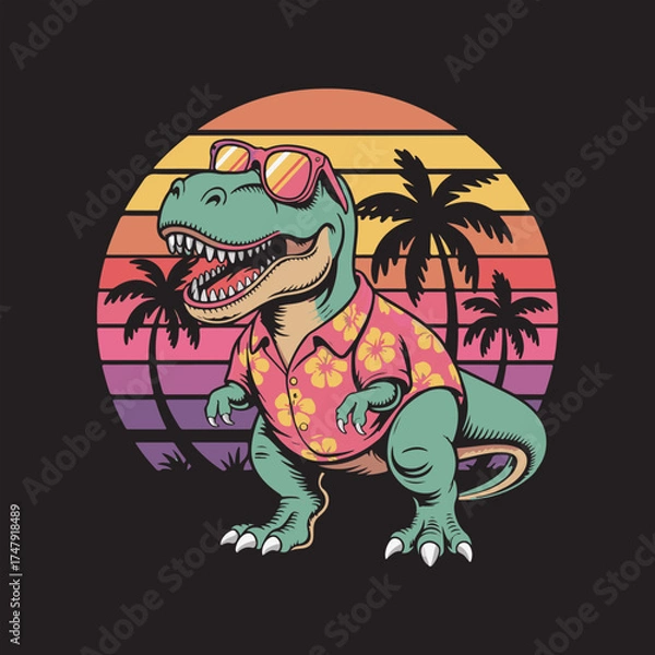 Fototapeta Retro T-Rex in Hawaiian Shirt Vector Illustration,
Cool Dinosaur with Sunglasses and Tropical Sunset,
Funny T-Rex Summer Vacation Vector Design,
Tropical Beach Dinosaur Cartoon Vector Art.