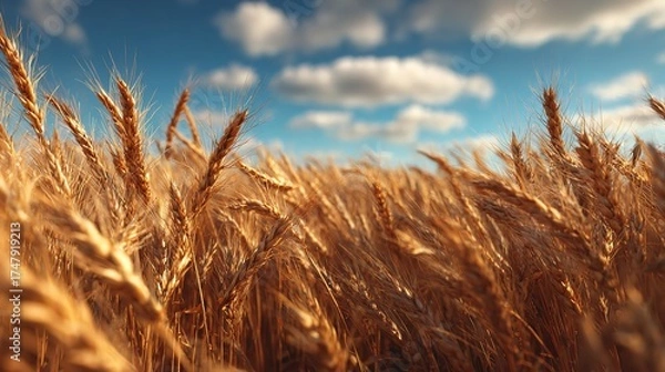 Obraz Golden Wheat Field with Blue Sky and Clouds in Summertime Sunshine Day.