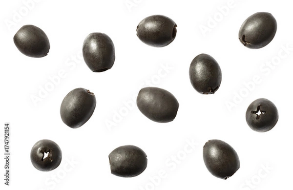Obraz Pitted black olives isolated on white background, top view.