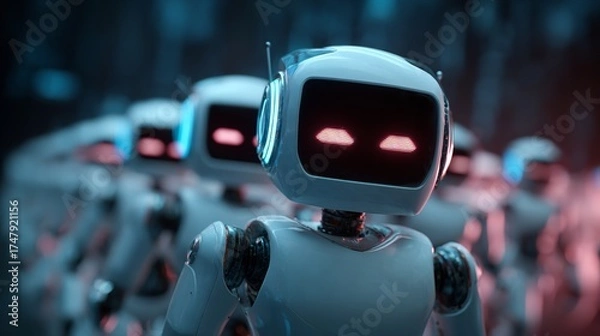 Obraz Futuristic Assembly: A Legion of White Robots with Red Eyes Emerging from Technological Darkness