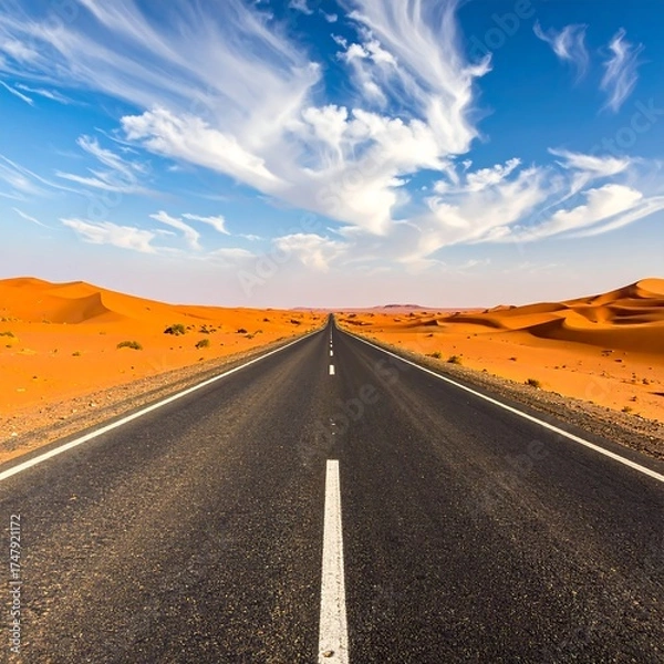 Obraz Straight road through orange desert dunes, dramatic sky