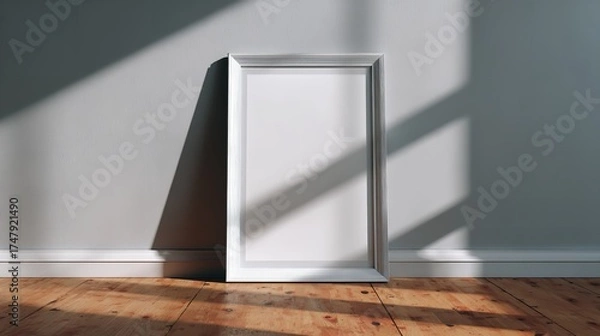 Obraz Modern White Frame Leaning Against a Wall on a Wooden Floor with Sunlight Effect