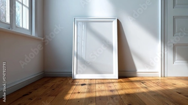 Fototapeta Blank White Frame Leaning Against Wall in Room with Wooden Floors and Natural Light