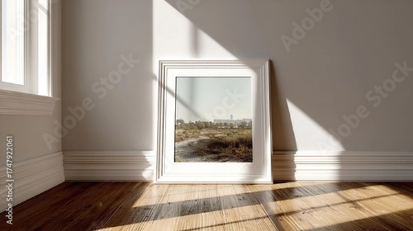 Obraz Serene Interior Scene: Picture Frame with Desert Landscape Leaning Against Wall on Wood Floor
