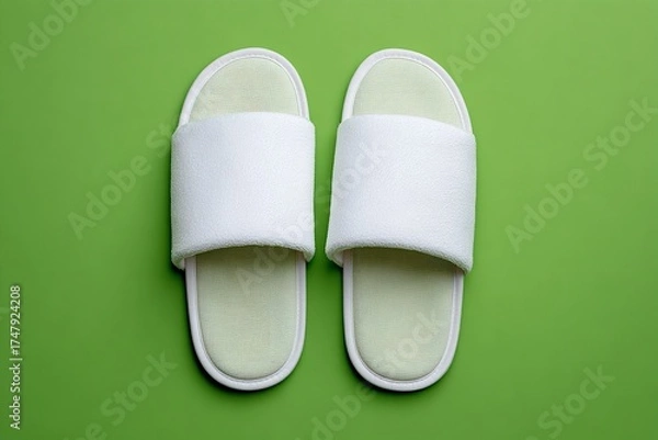 Obraz Elegant white spa slippers on vibrant green background representing relaxation and comfortable footwear for leisure.
